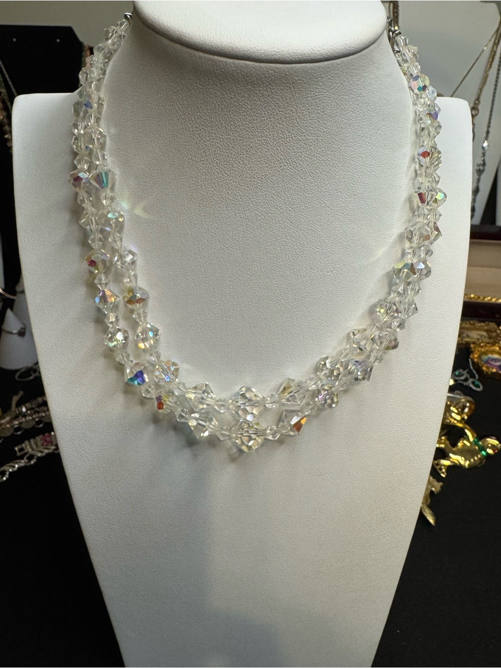 Vintage 1950’s Aurora Borealis crystal AB Glass double strand J-hook clasp
